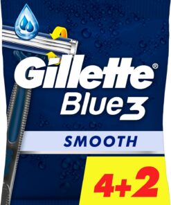 Gillette Blue3 Smooth Maquinillas de Afeitar Desechables Hombre, Pack de 6 | Cuchillas de Afeitar de Tres Hojas Sensibles con La Piel, con Cabezal Pivotante 40° Y Banda Lubricante