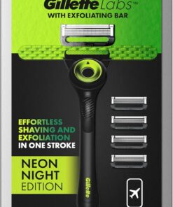 Gillette Labs Afeitadora Hombre Con Barra Integrada, Estuche De Viaje, 5 Cuchillas De Repuesto | Mango de acero inoxidable con barra integrada, elimina impurezas de la piel, 5 cuchillas de afeitar, base magnética, funda