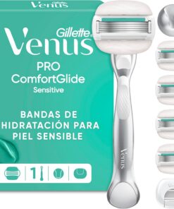 Gillette Venus Pro Comfortglide Sensitive - Cuchillas de sistema (5 unidades, pieza de mano, colgador de ducha y tapa protectora de viaje)
