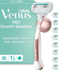 Gillette Venus Pro Smooth Sensitive Maquinilla de Afeitar, 9 Cuchillas | Maquinilla de Depilación Mujer para Pieles Sensibles, 1 Mango de Metal, 9 Recambios Y Soporte para La Ducha, Oro Rosa