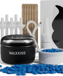Waxkiss Kit de calentador de cera de tamaño mini para depilación facial con 10 paquetes de cuentas de cera, kit de depilación súper portátil con palos de madera, palitos de nariz, protectores de