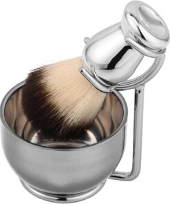 SHINEOFI Kit de Brochas de Afeitar con Cuenco y Soporte para Hombres | Juego, Acero Inoxidable y Plástico, Acabado Plata, para Afeitado en Húmedo Seco