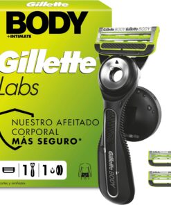 GilletteLabs Body + Intimate Maquinilla Corporal Hombre, 3 Recambios | Mango de Caucho, Cuchilla con Barra Anti-vellos Encarnados, Soporte Magnético, Depilación Íntima, Afeitado Corporal Masculino