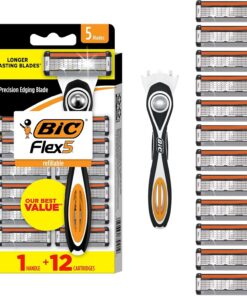 BIC Flex 5 - Maquinillas de afeitar recargables para hombre, maquinillas de afeitar de 5 cuchillas de larga duración para un afeitado suave y cómodo, 1 mango y 12 cartuchos, kit de afeitado de 13
