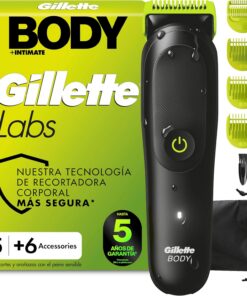 GilletteLabs i5 Body + Intimate Afeitadora Corporal, 6 Accesorios, Negro | Depiladora Corporal Hombre Impermeable con Tecnología Skinfirst, 4 Peines Y Funda, Recargable, Rasura el Cuerpo Y Zona íntima