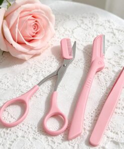 Juego de 3 pinzas de acero inoxidable para cejas, peine, tijeras y recortadora para el cuidado de las cejas y herramientas de belleza, color rosa