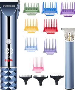 BarberBoss Kit de cortadora de cabello y barba, peluquería inalámbrica para hombre, recortadora de velocidad turbo con pantalla LED, hoja ajustable, 8 peines guía, kit de aseo para hombres
