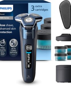 Philips Serie 7000 Afeitadora Eléctrica Hombre, Máquina de Afeitar Barba con Recortadora, 60min de uso, En Seco y Húmedo, Recargable, Centro de Limpieza, Base Carga, 4 Cartuchos, S7885/63, Azul
