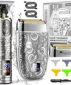 Suttik Juego profesional de recortadora de barba y afeitadoras eléctricas para hombres, recortadora de pelo para hombres, kit de corte eléctrico con 2 cabezales de aluminio, gris