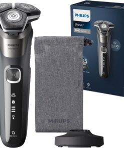 Philips Serie 5000 Afeitadora Eléctrica Hombre, Máquina de Afeitar Barba con Recortadora, 45 cuchillas, Cuida la piel, 60min de uso, En Seco y Húmedo, Recargable, Base Carga, S5887/13, Gris
