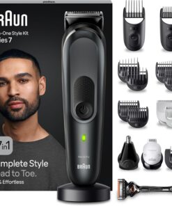 Braun Recortadora de Barba Series 7 Máquina Cortar Pelo, Cortapelos Hombre, Depiladora Corporal para Cara, Pelo, Orejas, Nariz y Cuerpo, Recargable con 100 Min Autonomía, MGK7491, Negro
