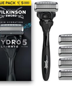 Wilkinson Sword Hydro 5 Ultimate Maquinillas para hombre, Pack ahorro, ácido hialurónico, cuchillas con revestimiento de carbono, mango de maquinilla con 5 recambios de cuchilla