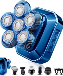 Afeitadoras de cabeza para hombres calvos, IPX7, impermeable, desmontable, maquinilla de afeitar eléctrica 6D para hombres, kit de afeitado LED recargable 6 en 1 húmedo/seco con carga tipo C (azul)
