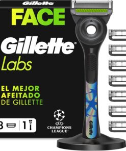 GilletteLabs Maquinilla de Afeitar Hombre con 8 Cuchillas de Recambio | 1 Mango UEFA Champions League Special Edition con Barra Exfoliante + 8 Recambios, Incluye Soporte Magnético Prémium