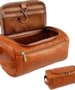 Neceser de cuero resistente al agua para hombres, bolsa de lavado de viaje con asa, bolsa de afeitado, bolsa de maquillaje duradera, organizador portátil de almacenamiento de cosméticos para