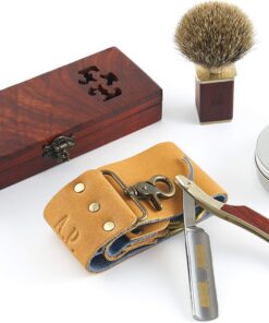 A. P. Donovan – 5/8 “Navaja de Afeitar de Solingen con Apliques de Oro Mahagoni-Madera Cuidado de la Barba para Hombres - Rasiermesser, Streichriemen, Pinsel + Seife