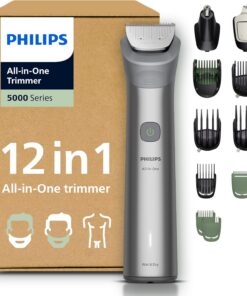 Philips Recortadora todo en uno de 12 en 1 Serie 5000 - Afeitadora y cortapelos hombre para rostro, cabeza y cuerpo, cuchillas de acero autoafilables, 20 longitudes, recargable, MG5952/30