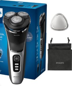 Philips Serie 3000 Afeitadora Eléctrica Hombre, Máquina de Afeitar Barba con Cortapatillas, 27 cuchillas, Cuida la piel, 60min de uso, En Seco y Húmedo, Recargable, Funda, S3241/12, Gris