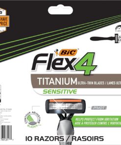 BIC Flex 4 - Maquinillas de afeitar desechables sensibles de titanio para hombres, para un afeitado suave, ultra cercano y cómodo, juego de 10 piezas de maquinilla de afeitar con 4 cuchillas