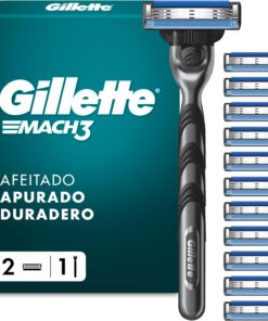 Gillette Mach3 Base Maquinilla De Afeitar Para Hombre Con Recambios, 1 Mango, 12 Cuchillas De Recambio Con 3 Hojas y Banda De Gel Lubricante Para Un Afeitado Suave | 1 Mango, 12 Cuchillas de Recambio con 3 Hojas Y Banda de Gel Lubricante para Un Afeitado Suave