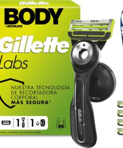 GilletteLabs Body + Intimate Maquinilla Corporal Hombre, 5 Recambios | Mango de Caucho, Cuchilla con Barra Anti-vellos Encarnados, Soporte Magnético, Depilación Íntima, Afeitado Corporal Masculino