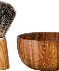 Juego de cepillo de afeitar y cuenco, cepillo de afeitar de pelo sintético con mango de madera maciza y cuenco de jabón de afeitar de madera para hombres, fácil de hacer espuma, se adapta