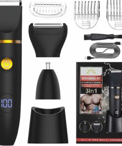 Recortadora de vello corporal para hombre, IPX6, impermeable, 3 en 1, kit de aseo eléctrico con recortadora de precisión y afeitadora para cuerpo, nariz, ingle, piernas y pecho, pantalla LED