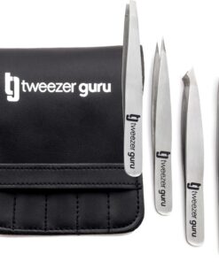 Pinzas de Depilar Profesionales Tweezer Guru Para Cejas (Set de 4) – Pinza Punta Acero Inoxidable – Gran Precisión para Pelos Faciales, Pelos Encarnados, Espinillas y Astillas (Negro)