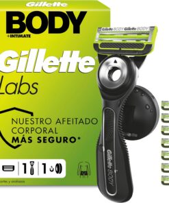 GilletteLabs Body + Intimate Maquinilla Corporal Hombre, 8 Recambios | Mango de Caucho, Cuchilla con Barra Anti-vellos Encarnados, Soporte Magnético, Depilación Íntima, Afeitado Corporal Masculino