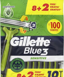 Gillette Blue3 Sensitive Maquinilla de Afeitar Hombre, Pack de 10 | Cuchillas de Afeitar Desechables para Pieles Sensibles, Cabezal Oscilante, Banda Lubricante Y Mango de Goma Antideslizante