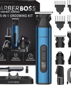 BarberBoss Kit de aseo todo en uno para hombre, recortadora de barba, cabello y cuerpo con recortadora de nariz y orejas y afeitadora de aluminio, peluquero inalámbrico recargable por USB para hombres