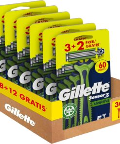 Gillette Sensor3 Sensitive Maquinillas De Afeitar Desechables Para Hombre Con Banda Lubricante Con Un Toque De Aloe Vera, 5 unidades