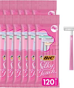 BIC Silky Touch - Maquinillas de afeitar desechables para mujer, con 2 cuchillas, bonitas asas de afeitar pastel (12 bolsas de 10 maquinillas de afeitar cada una)