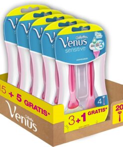 Gillette Venus Sensitive - Cuchillas de afeitar para mujer, 3 + 1, paquete de 20 cuchillas (3 cuchillas), afeitado liso con tira hidratante desechable Gillette, idea de regalo