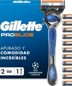 Gillette Proglide Maquinilla de Afeitar para Hombre con 12 Recambios | Mango UEFA Champions League Special Edition + 12 Cuchillas, Doble Lubricación Antes Y Después de Las Hojas, Banda Lubricante