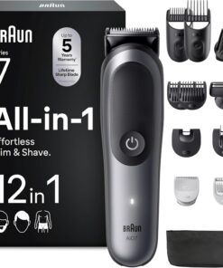 Braun Recortadora Todo En Uno Series 7, AIO7545, Gris | Kit de Styling 12en1 para Barba, Pelo, Orejas, Nariz y Cuerpo, 14 Longitudes,120 Min de Uso, Lámina Ultra Afilada