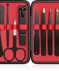 Juego de 9 pinzas y cortaúñas, kit de pinzas para hombres y mujeres, depilador de cejas de acero inoxidable con tijeras curvas y maquinilla de afeitar para herramientas de belleza diarias, con funda