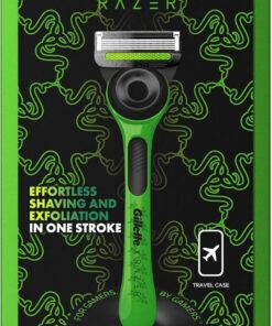 Gillette Labs con barra exfoliante, edición limitada Razer, maquinilla de afeitar y estuche de viaje para almacenamiento sobre la marcha, 1 asa, 2 cuchillas, soporte, verde, 2 unidades
