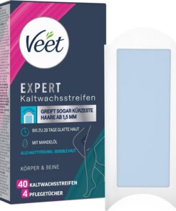 Veet Expert - Tiras de cera fría para cuerpo y piernas, para depilación con piel sensible, 20 tiras dobles = 40 tiras