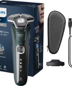 Philips Serie 5000 Afeitadora Eléctrica Hombre, Máquina de Afeitar Barba con Recortadora, 45 cuchillas, Cuida la piel, 60min de uso, En Seco y Húmedo, Recargable, Funda, Base Carga, S5884/35, Verde